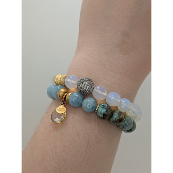 2 CATHERINE PAGE ROUND & FACETED STONE STRETCH BRACELETS WITH GOLD TONE STATIONS - Picture 1 of 5